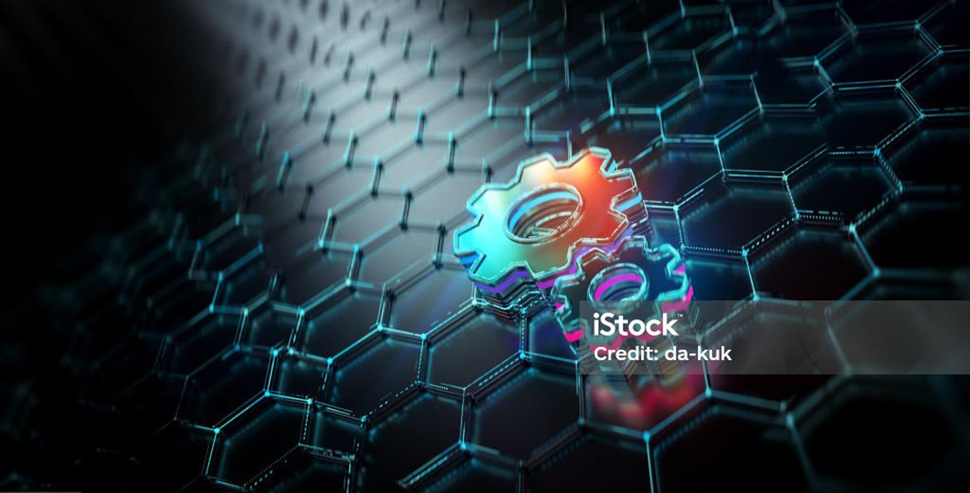 Neon gears turning on an abstract futuristic background