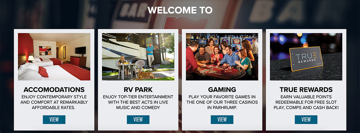 Screenshot of casino services, including RV park, gaming, true rewards, and accommodations