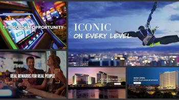 Graphic collage of a slot machine, casinos, and a person skydiving